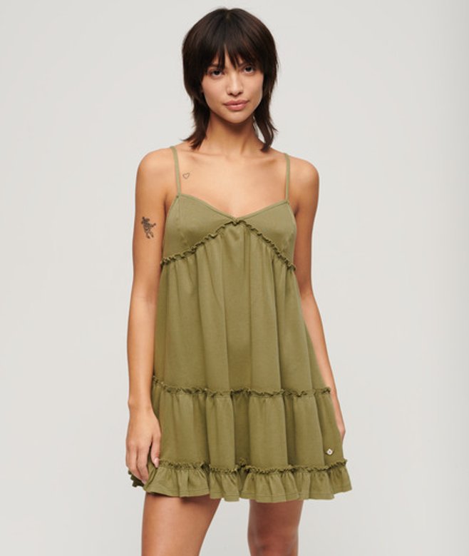 Superdry Jersey Cami Mini-jurk met Gelaagd Ontwerp Khaki