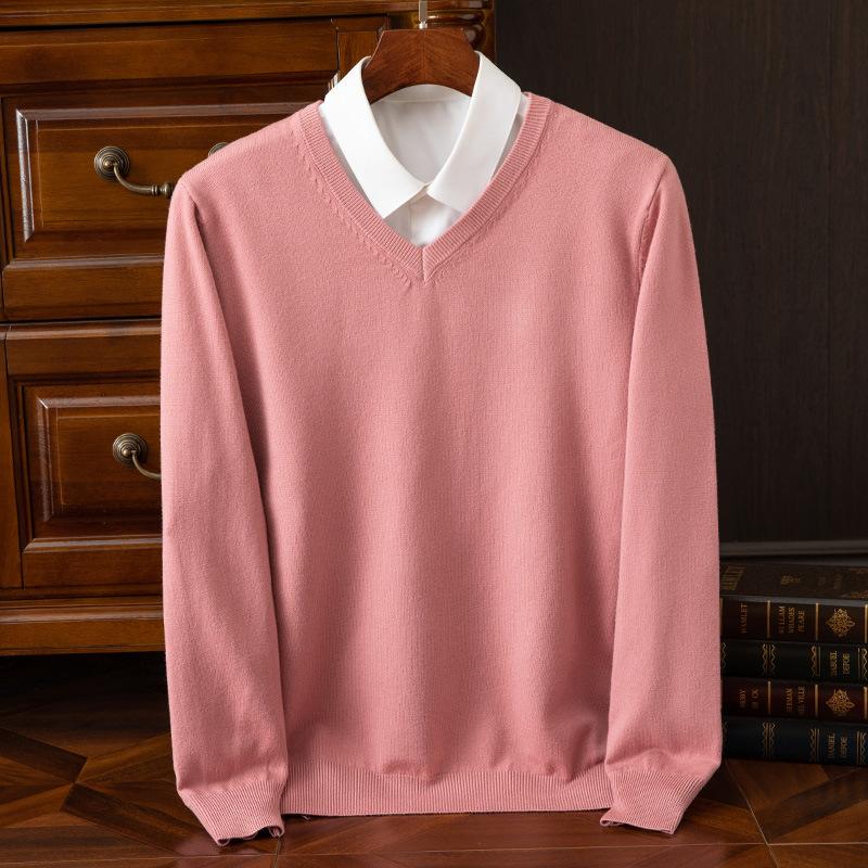 Qingpingjuan Herfst en winter plus size gebreide truien voor heren wollen warme truien truien V-hals gebreide pasvorm tops heren kasjmier gebreide truien bottoming shirt XXL roze