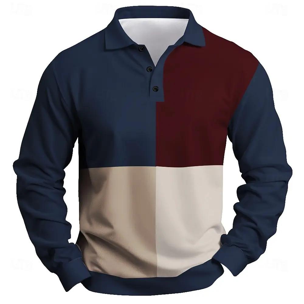 Our T-shirts 2025 Mode Heren Kleurblok Lange Mouw Poloshirt Ademend Casual Tops Slim Fit Sneldrogend Klassieke Kraag Poloshirt L