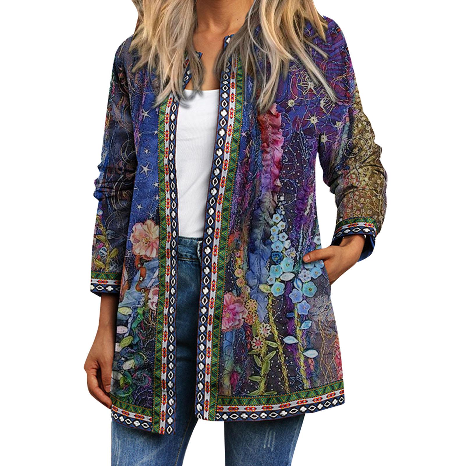 TOMTOP JMS Vintage Dames Print Cardigan Lange Mouw Zak Losse Casual Jas Jas Buitenkleding 5X-Large blauw