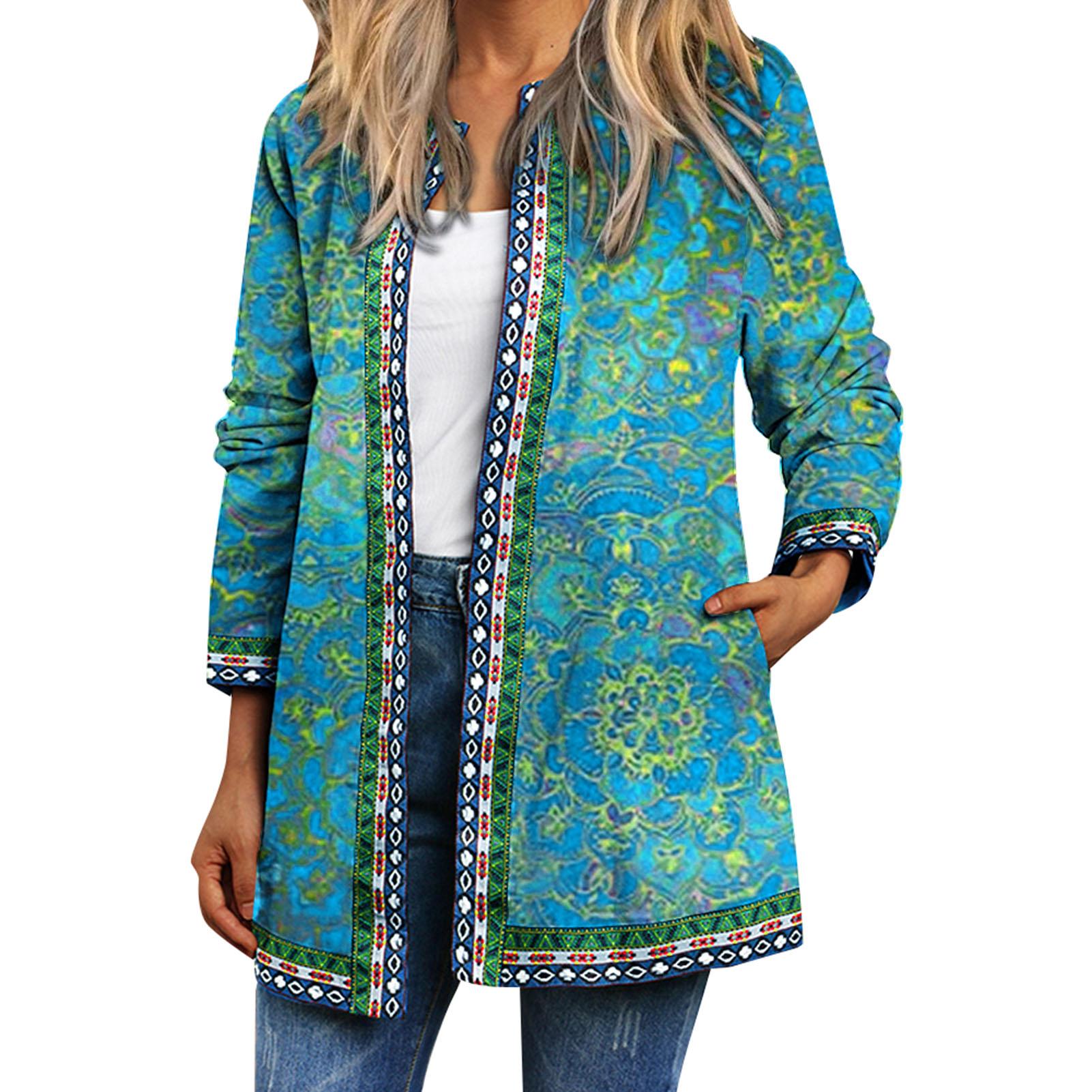 TOMTOP JMS Vintage Dames Print Cardigan Lange Mouw Zak Losse Casual Jas Jas Buitenkleding 5X-Large groen