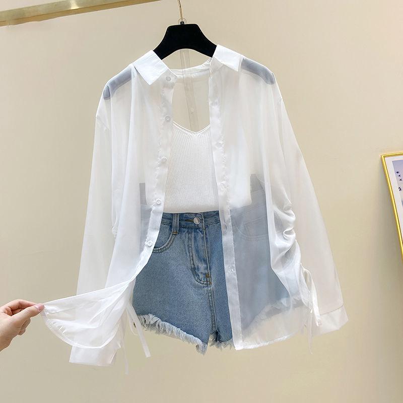 WTEMPO Zonbeschermingskleding Dames zomer dun shirt met lange mouwen jas parel chiffon vest airconditioning shirt XXXL wit