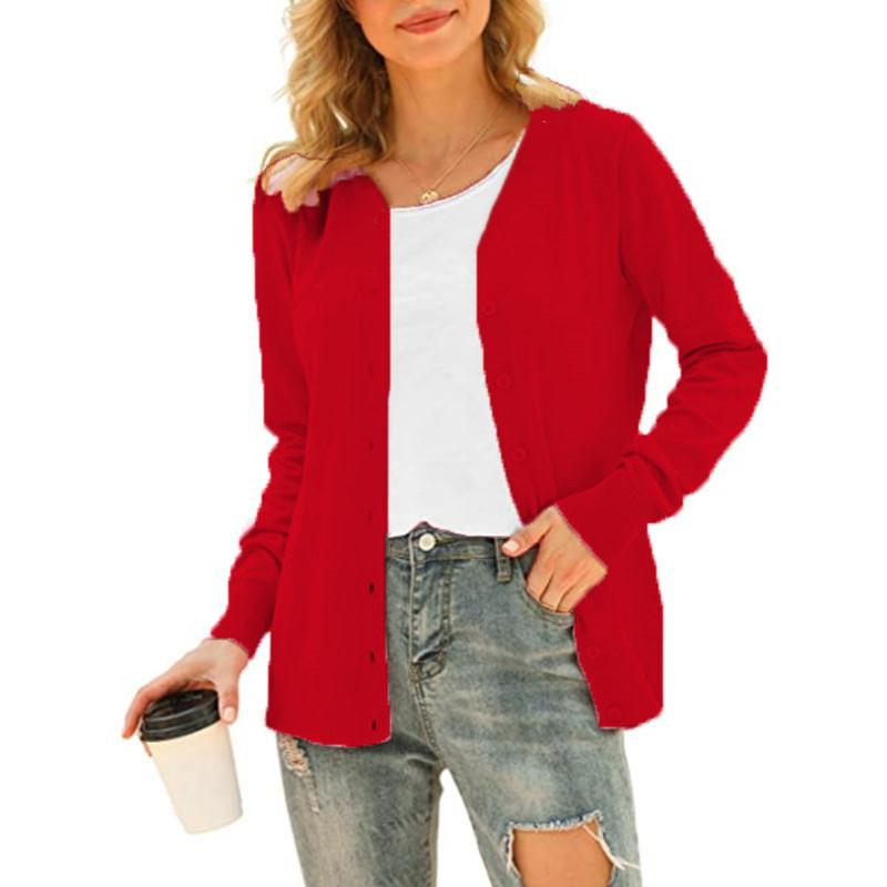 Laiyin Basic vest met lange mouwen, knoopsluiting voor dames, trui, gebreide jas, tops, bovenkleding XXXL rood