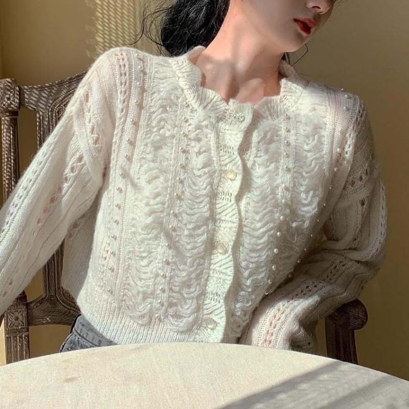 TWINFLAMES Gebreid vest kleine toffee retro parelbloemige kraag holle kralen trui Sweety buitenste tops One Size wit