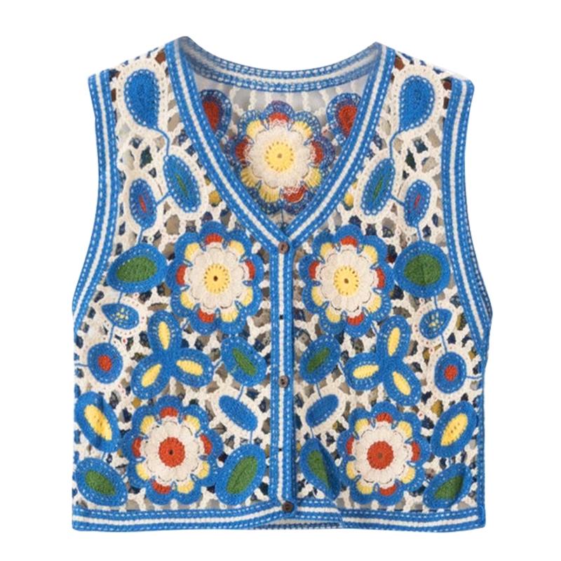 Glue pudding Dames haak gebreide contrasterende kleur geometrische bloemen mouwloos vest gilet V-hals knoopsluiting los bijgesneden voor jas veelkleurig