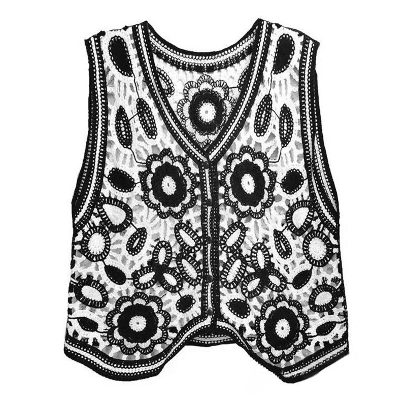 Glue pudding Dames haak gebreide contrasterende kleur geometrische bloemen mouwloos vest gilet V-hals knoopsluiting los bijgesneden voor jas zwart