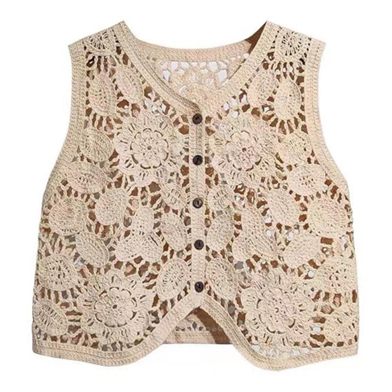 Glue pudding Dames haak gebreide contrasterende kleur geometrische bloemen mouwloos vest gilet V-hals knoopsluiting los bijgesneden voor jas abrikoos