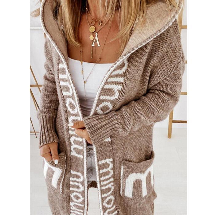 Fashion bag01 Gebreide trui Winter Medium Lengte Cardigan Letter Capuchon Gebreide Damestrui S donkerbruine kleur
