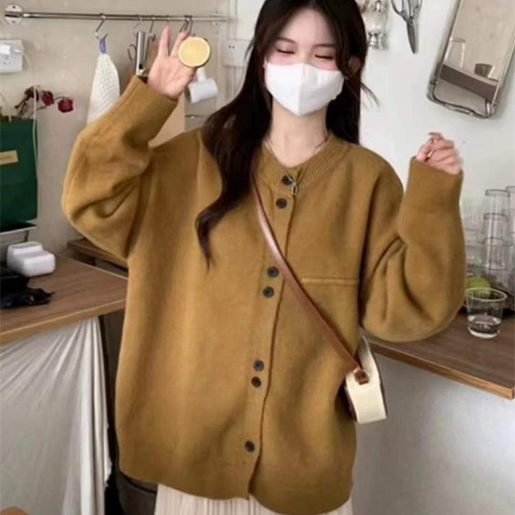 91340802MA8PFML34B Botvotee Effen gebreid vest Dames Herfst Winter Vintag O-hals Oversized trui met lange mouwen Chique jas met knopen One Size geel