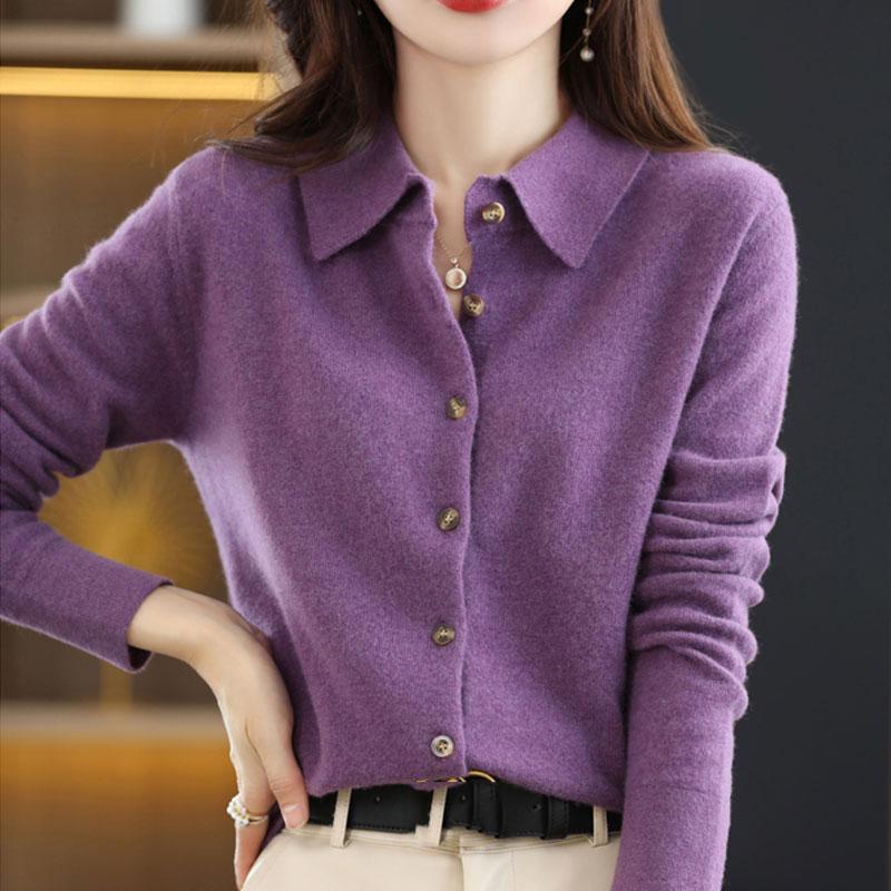 Fashion bag01 Dames wollen gebreid vest jas losse polokraag trui buitenkant effen kleur knop gebreid overhemd trui Koreaans herfst winter T-shirt L paars