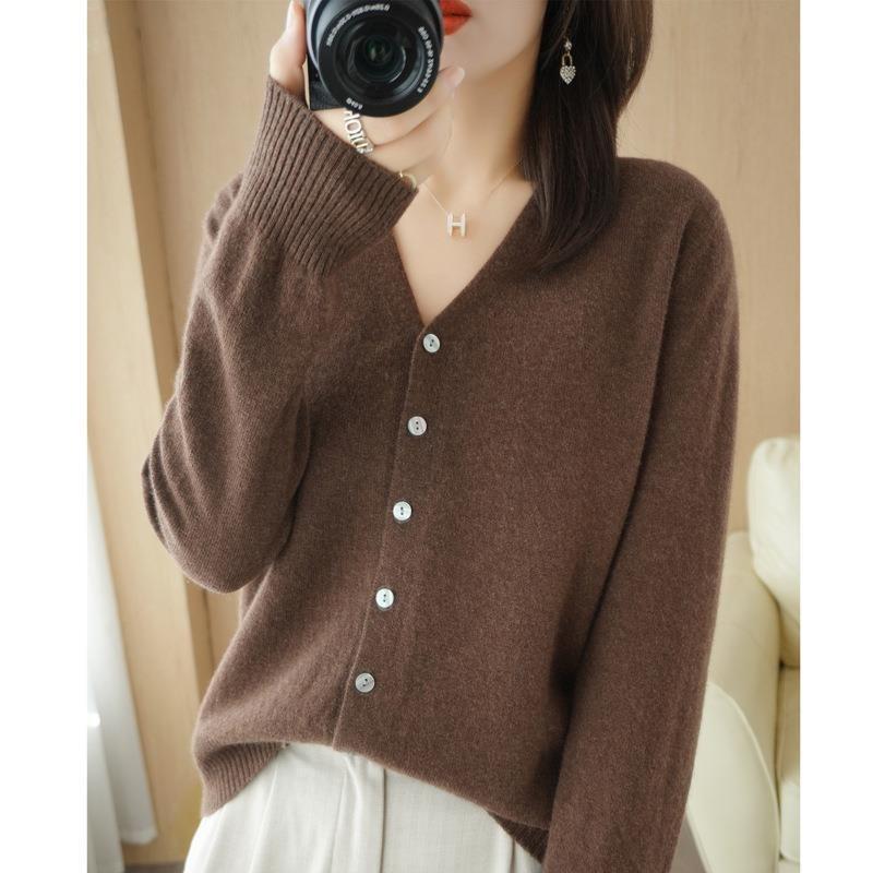 CANVAUS Vrouwen Vesten Herfst Winter Single Breasted Knitwears Lange Mouw V-hals Gebreid Vest Koreaanse Mode Lente Casual Trui S koffie