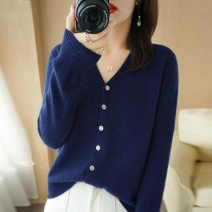 CANVAUS Vrouwen Vesten Herfst Winter Single Breasted Knitwears Lange Mouw V-hals Gebreid Vest Koreaanse Mode Lente Casual Trui L marineblauwe kleur