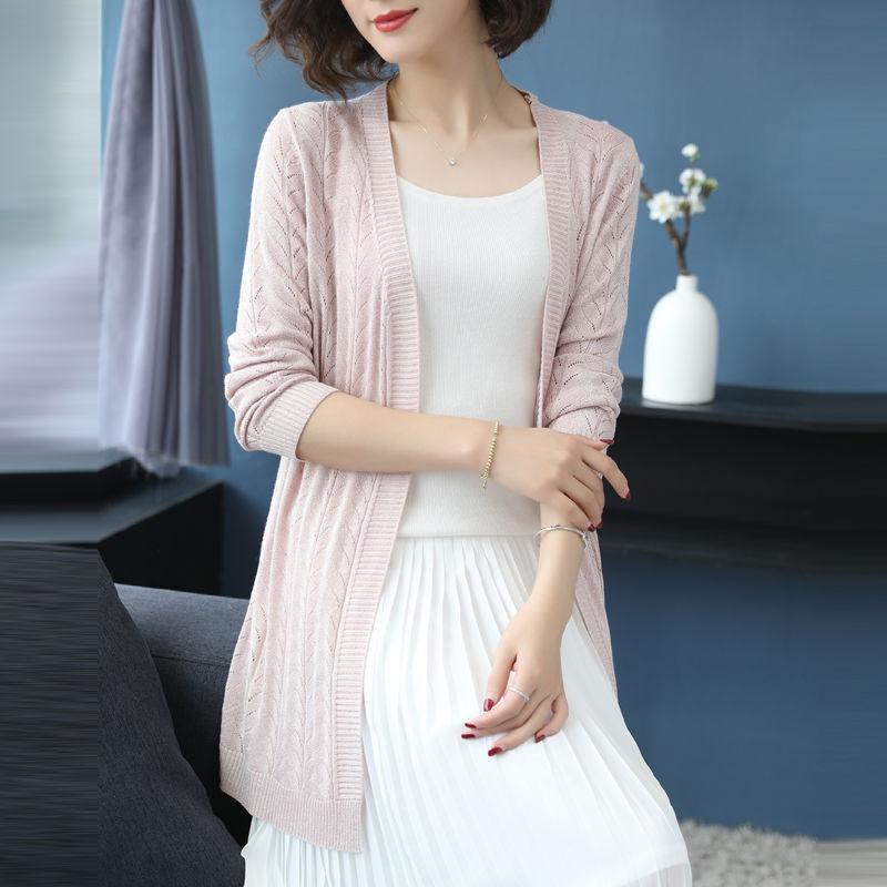 WTEMPO Lente en herfst gebreid damesvest buiten de middellange dunne jas XXXL lichtroze kleur