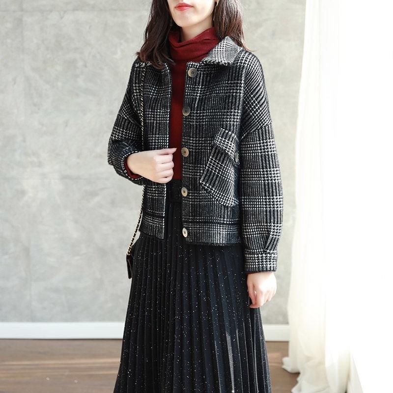 WTEMPO Nertsen trui korte jas dames herfst en winter Koreaanse versie losse gebreide Thousand Bird geruite top S zwart