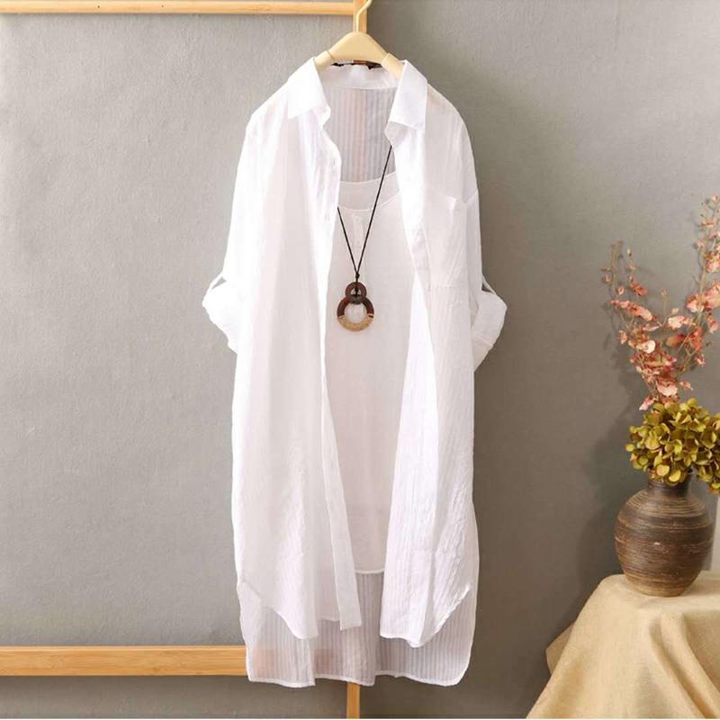 WTEMPO Lange Shirt Dames Lange Mouw Mid-Lengte Losse Zonbescherming Shirts Dames Losse Dunne Jassen Zonbescherming Kleding Lange Shirts XL wit