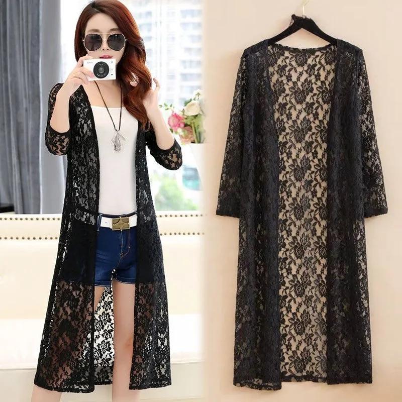 WTEMPO Zomer Dames Draag Kant Cardigan Zonnebrandcrème Lange mouwen Grote maat Medium lengte Dunne Jas XXXXXL zwart