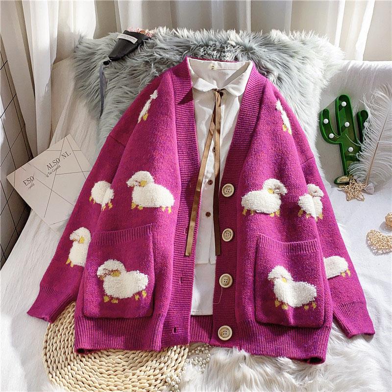 WTEMPO Little Sheep Geborduurd Gebreid Vest Dames Casual Jas Dikker Houd Warm Middellange Lengte V-hals Enkele Gesp Nieuwe Mode Herfst Winter One Size roze