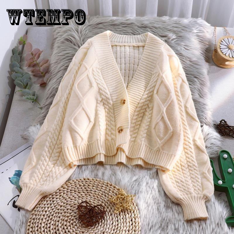 WTEMPO Herfst Dames Kort Gebreid Vest Koreaanse Versie Losse en Luie Stijl Lantaarnmouw Top Trui Jas S