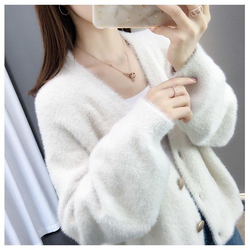 WTEMPO Faux Mink Fleece Witte Cardigan Truien voor Vrouwen Fuzzy Losse Korte Gebreide Trui Jas Dames Buitenkleding Cardigan Jas 2XL wit