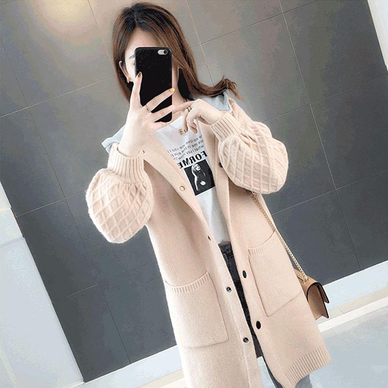 WTEMPO Losvallende gebreide jas in grote maat voor dames met capuchon, halflange cardiganjas, verdikte warme lantaarnmouwjassen voor herfst, lente, winter 2XL licht kaki kleur