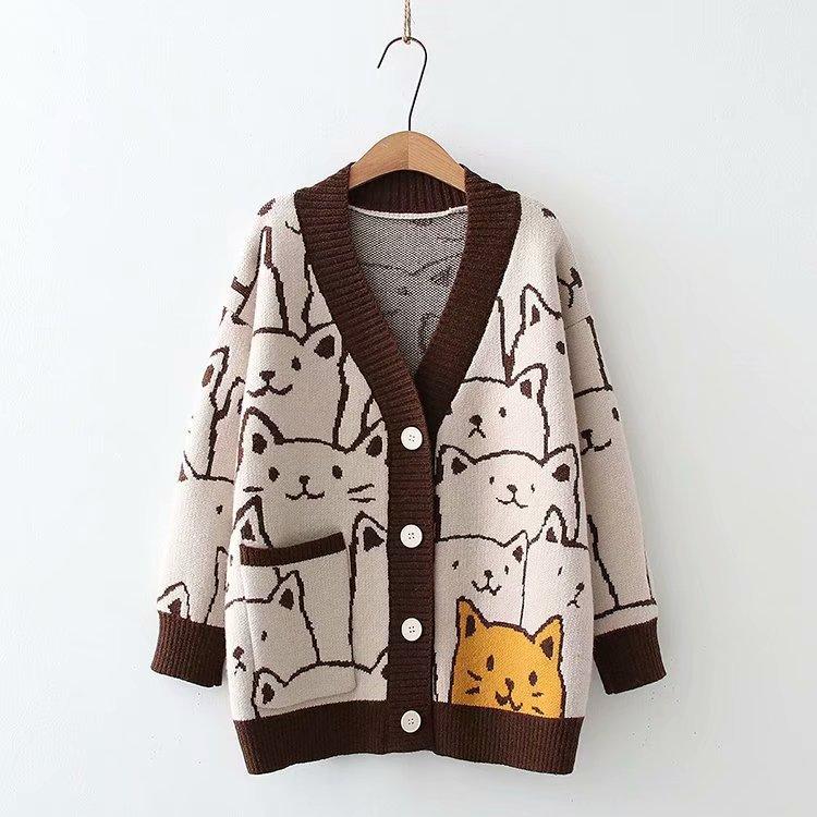 WTEMPO Cartoon Kat Gebreide Cardigans Trui Herfst Winter Dames Harajuku Trui Jas O-hals Lange Mouw Cardigan One Size koffie