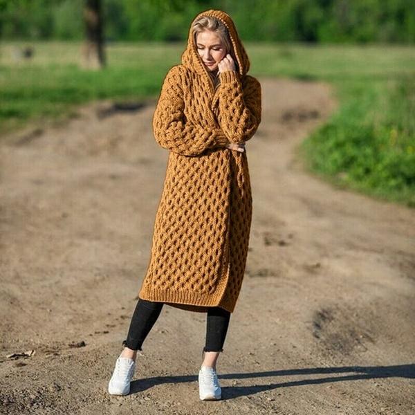 Good Luck Zuo Dames capuchon dikke gebreide trui vest jas lange mouw winter warme capuchon mantel XXXXL geel