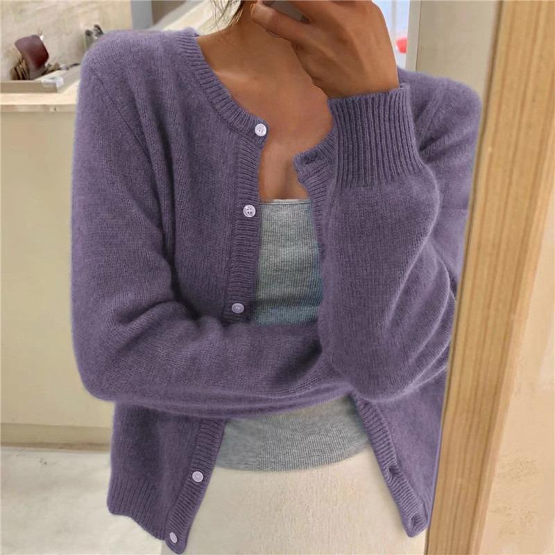 Ladie KAKA Effen kleur gebreid voor vrouwen Cardigan Koreaanse enkelrijs Lange mouw trui Vrouw ronde hals All Match Cardigans Buitenkleding XL paars