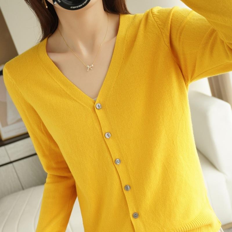 YYFS Damesmode Casual Herfst Winter Effen Kleur Print Lange Mouw V-Hals Dameskleding Wollen Gebreide Kleding Truien XL geel
