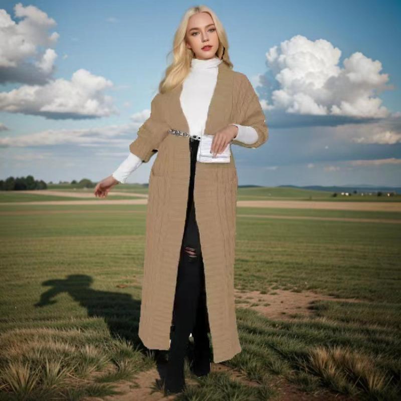 Super cobra Lange Gebreide Cardigan met Kabelpatroon, Elegante Effen Kleur Trui met Lange Mouwen en Zakken, Dames XXL lichtbruin