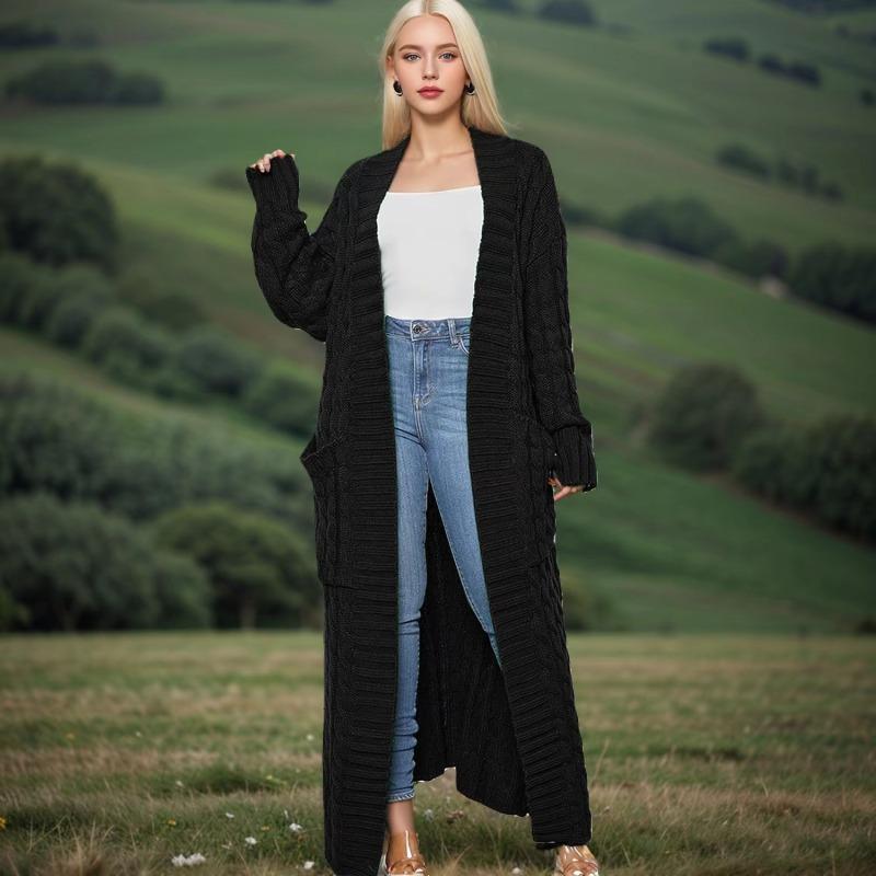 Super cobra Lange Gebreide Cardigan met Kabelpatroon, Elegante Effen Kleur Trui met Lange Mouwen en Zakken, Dames XXXL zwart