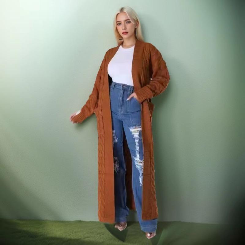 Super cobra Lange Gebreide Cardigan met Kabelpatroon, Elegante Effen Kleur Trui met Lange Mouwen en Zakken, Dames XXXL bruin