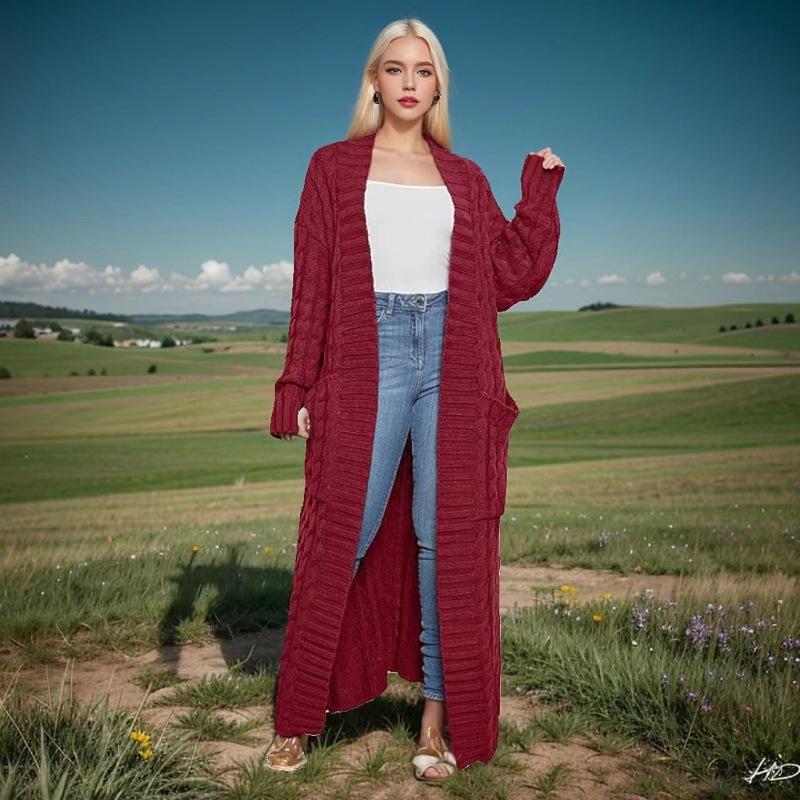 Super cobra Lange Gebreide Cardigan met Kabelpatroon, Elegante Effen Kleur Trui met Lange Mouwen en Zakken, Dames XXXL bordeaux