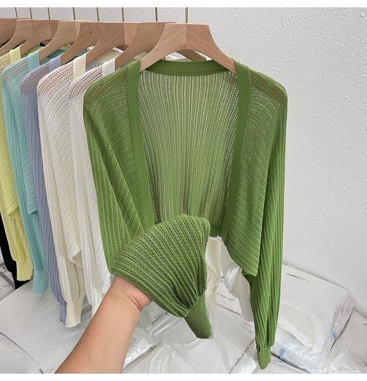 WTEMPO Zomers dun los gebreid vest met airconditioning en zonbescherming, hemdje met lantaarnmouwen, kort topje, jas voor dames one size groen