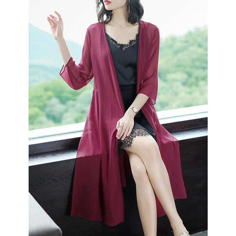 WTEMPO Zijden vestjas voor dames, zomerse middellange tot lange stijl, gecombineerd met rok, gedrapeerd met moerbeizijde, airconditioning shirt, en bovenkleding 3XL bordeaux