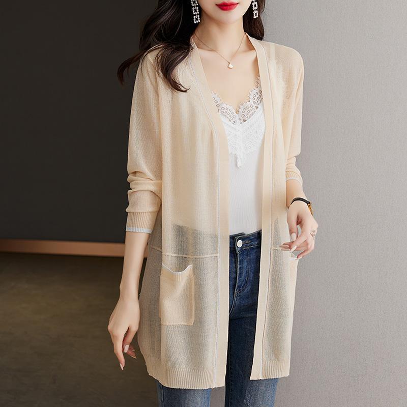 WTEMPO Grote Maat Dunne Losvallende Jas, Zonnebeschermingsjas, Sjaal, Middellange tot Lange Lengte, Buitenlaag, Gebreid Vest voor Dames L beige