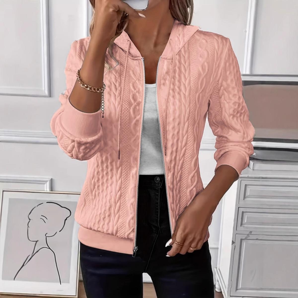 YiLi-Studio Nieuw effen kleur casual jasje, lichtbeige stof, jas met capuchon met opening aan de voorkant, damespullover met lange mouwen, rits en trekkoord S roze