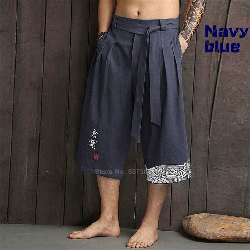 Idealife Traditionele Kimono Haori Broek Kleding voor Samurai Man Zomer Dunne Ademende Losse Yukata Cropped Broek XL marineblauwe kleur