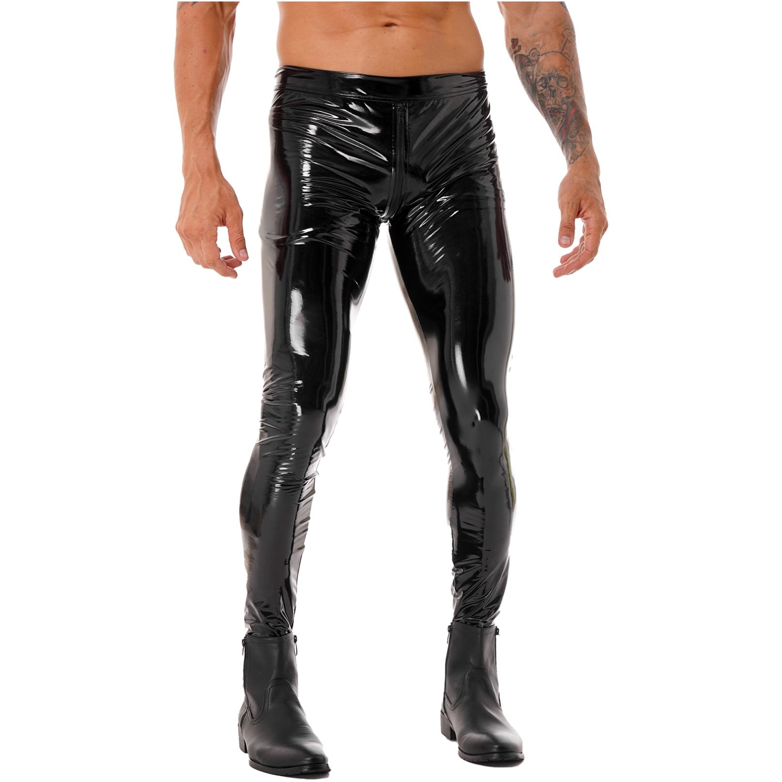 Tiaobug Glanzende herenbroek met rits en kruis, wetlook lakleren skinny broek, Clubwear-legging XL zwart