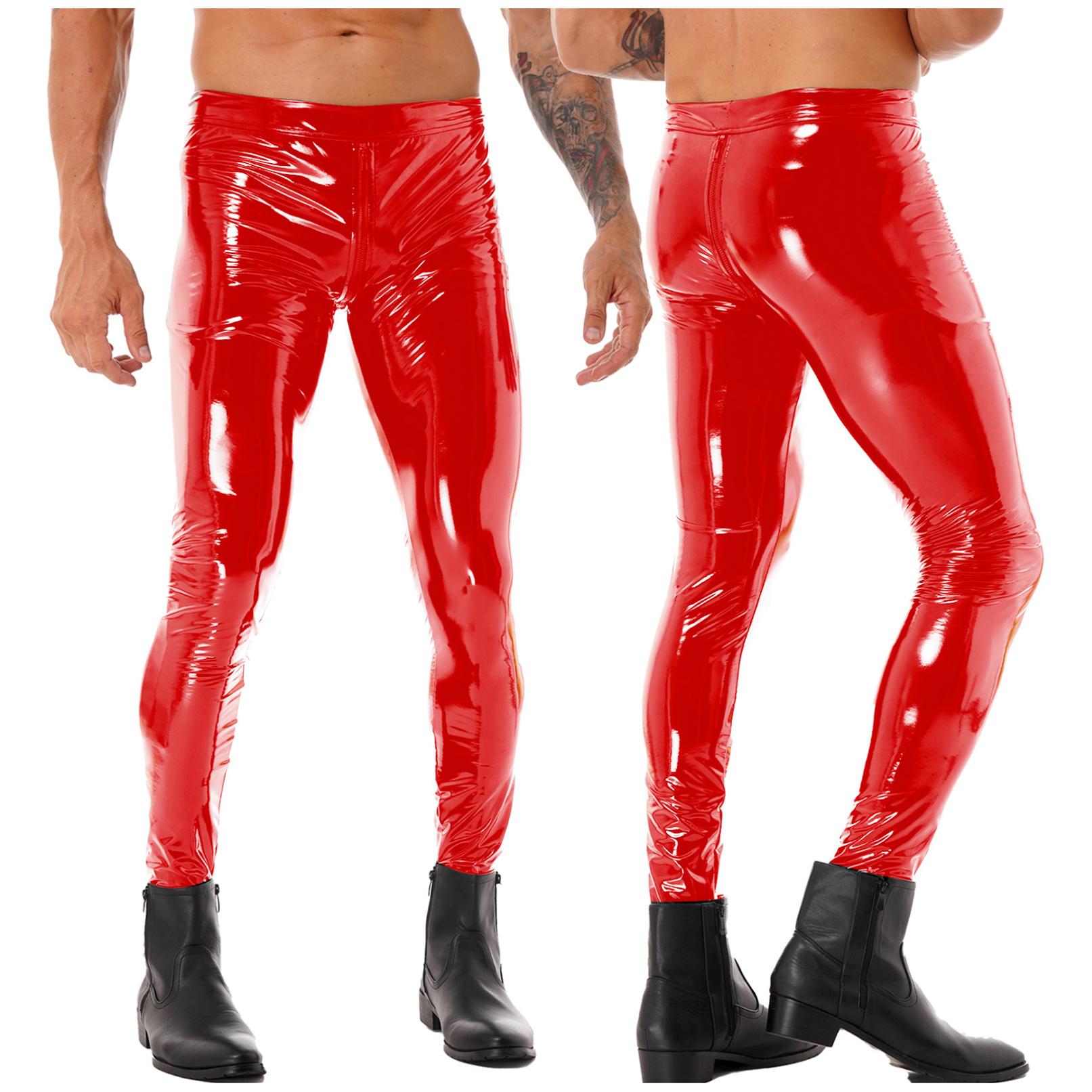 Tiaobug Glanzende herenbroek met rits en kruis, wetlook lakleren skinny broek, Clubwear-legging XXL rood