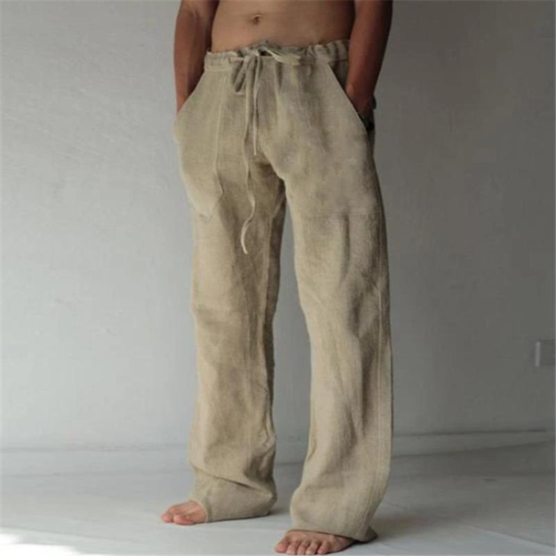 MR91EY Casual heren katoenen linnen broek mode effen zak trekkoord baggy broek comfortabele losse wijde pijpen broek streetwear sweatpants XL kaki