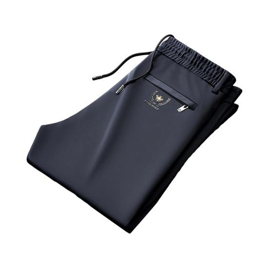 Yunzhu Herenbroeken Losse rechte trekkoord elastische taille 2 zijzakken effen kleur ademend zacht volledige lengte casual joggingbroek dagelijkse lange broeken 5XL marineblauwe kleur