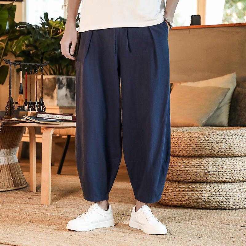 Morgan Zomer Chinese Stijl Linnen Casual Broek Heren Losse Grote Maat Japanse Katoenen en Linnen Dij Broek Heren Plus Maat XXXXXL marineblauwe kleur