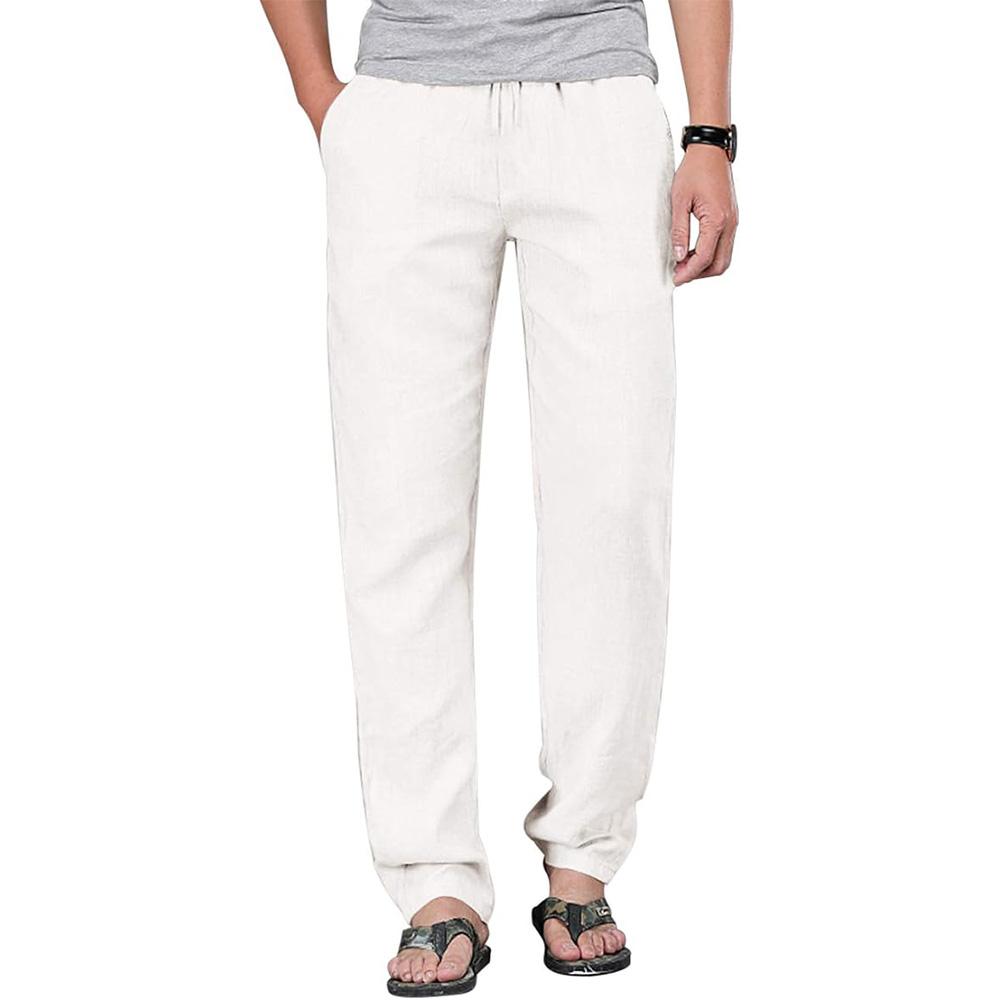 King Billion Heren katoenen linnen trekkoordbroek elastische taille casual joggingbroek yogabroek strandbroek baggy losse heren joggingbroek XXXL wit