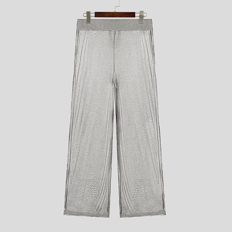 INCERUN Heren Mesh Transparante Lange Broek Elastische Taille Doorkijk Broek 3XL wit
