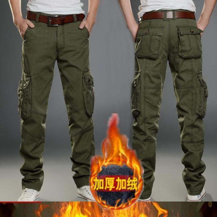 XBHBEAUTY Winter Nieuwe Heren Pluche Dikke Werkbroek Warme Katoenen Losse Rechte Pijp Multi Zakken Casual Werkbroek 34 legergroene kleur