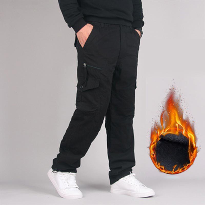 Cozyoutfit Heren katoenen winter dikke fleece casual broek tactische baggy cargo broek dubbele laag warme thermische rechte lange broek XXL zwart