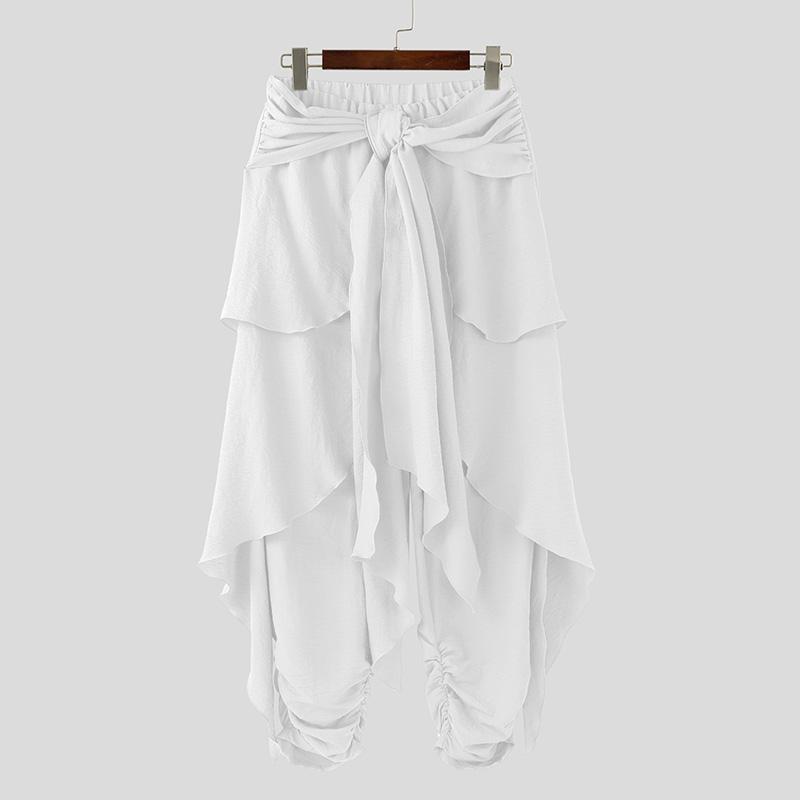 INCERUN Heren Elastische Taille Bandage Lagen Casual Losse Irreguliere Geplooide Harembroek L wit