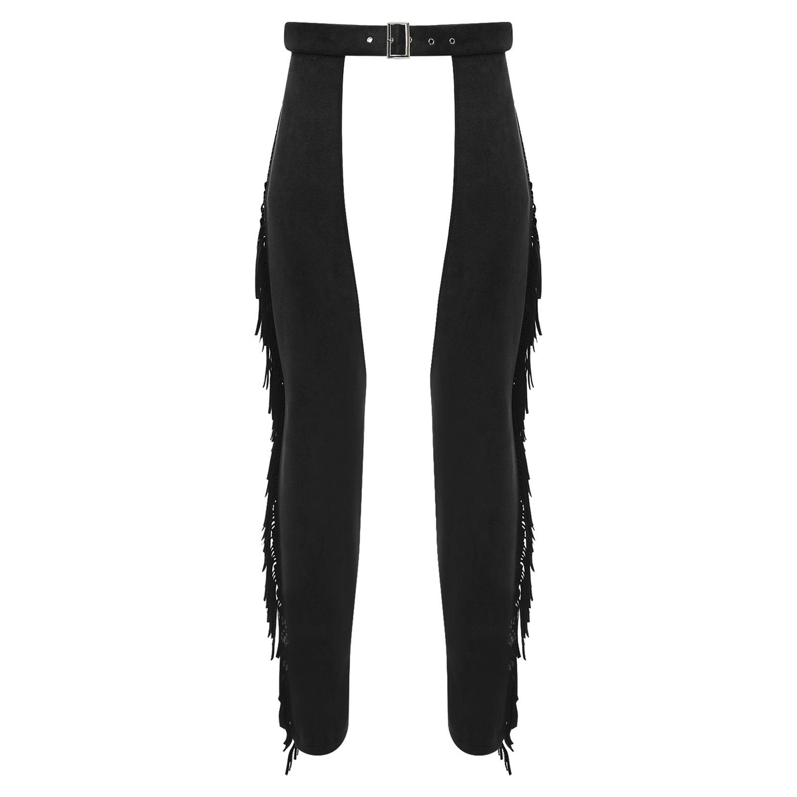 Yunduantong-Adult Heren Western Suède Franje Cowboy Broek met Open Kruis Detail voor Halloween Verkleedfeest Kostuum S zwart