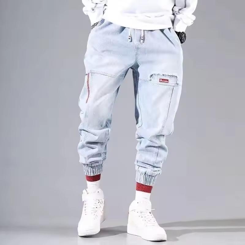GLAM COUTURE Modieuze Enkelband Denim Heren Jeans Zwart Grijs Cargobroek voor Heren Elastische Baggy Harembroek Streetwear Hip Hop Jeans XL