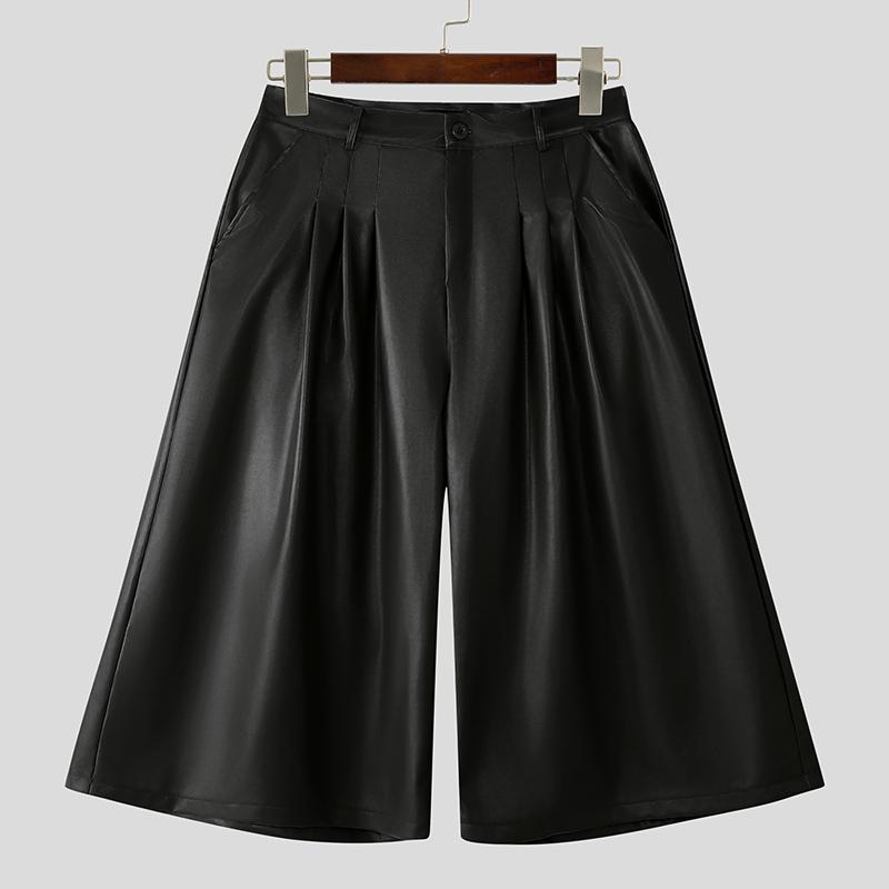 INCERUN Heren Hoge Taille Effen Kleur PU Leer Losse Cropped Wijde Pijpen Broek 4XL zwart